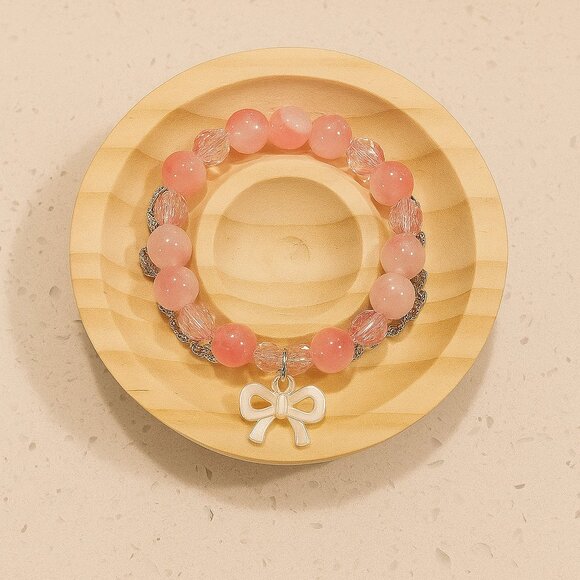 Pink Beaded Bracelet with Silver Bow Charm - Picture 2 of 3